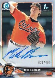 2018 Bowman Chrome Baltimore Orioles Mike Baumann Prospect Autographs Refractorパラレル版 021/499