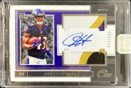 2019 Panini One Baltimore Ravens Justice Hill Rookie Dual Patch Autographs 072/149