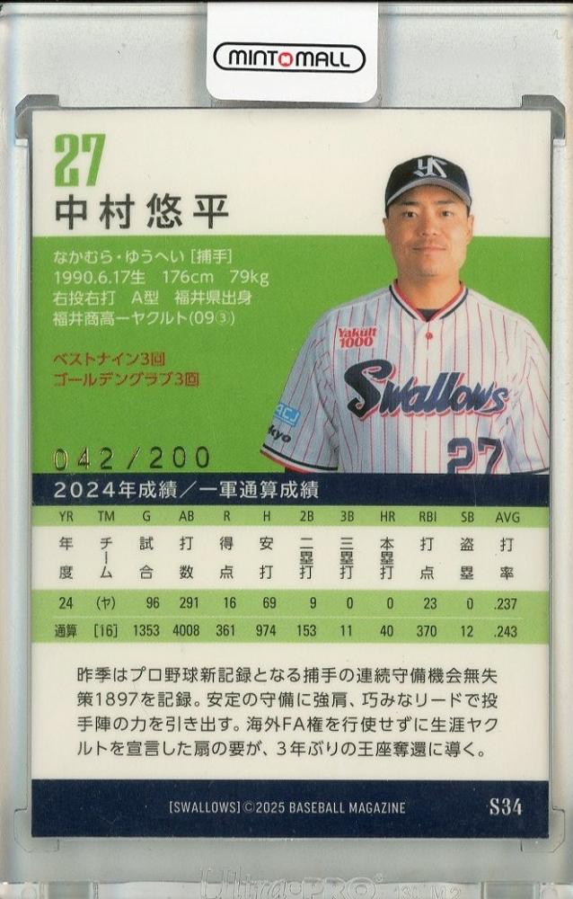 ミントモール / MINT 池袋店 / 2025 BBM 東京ヤクルトスワローズ 中村