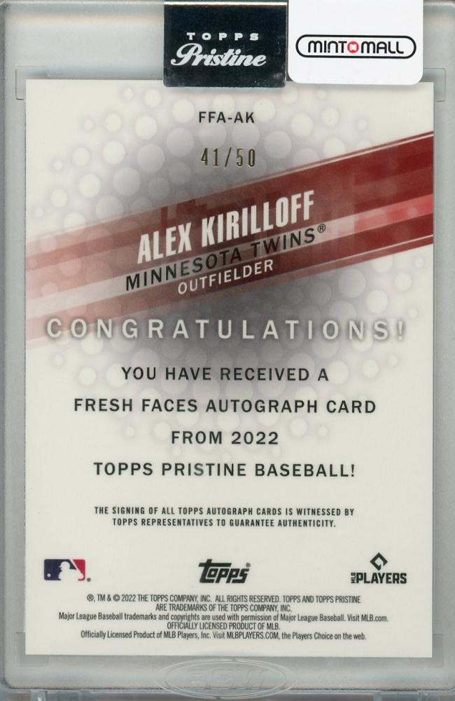 2022 topps pristine Alex cheapest Kirilloff ffa-ak /50