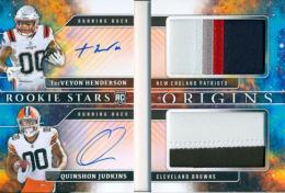 【パッチ窓部分若干ダメージ、裏面左下角若干難あり】2025 PANINI Origins TreVeyon Henderson & Quinshon Judkins Dual Autograph & Patch Booklet (RC)【28/49】