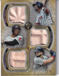 2020 Topps Triple Threads Baseball Boston Red Sox Andrew Benintendi/  Xander Bogaerts/ Rafael Devers Touch 'Em All! Three-Player Stadium Base Relic, Gold Parallel 2/9